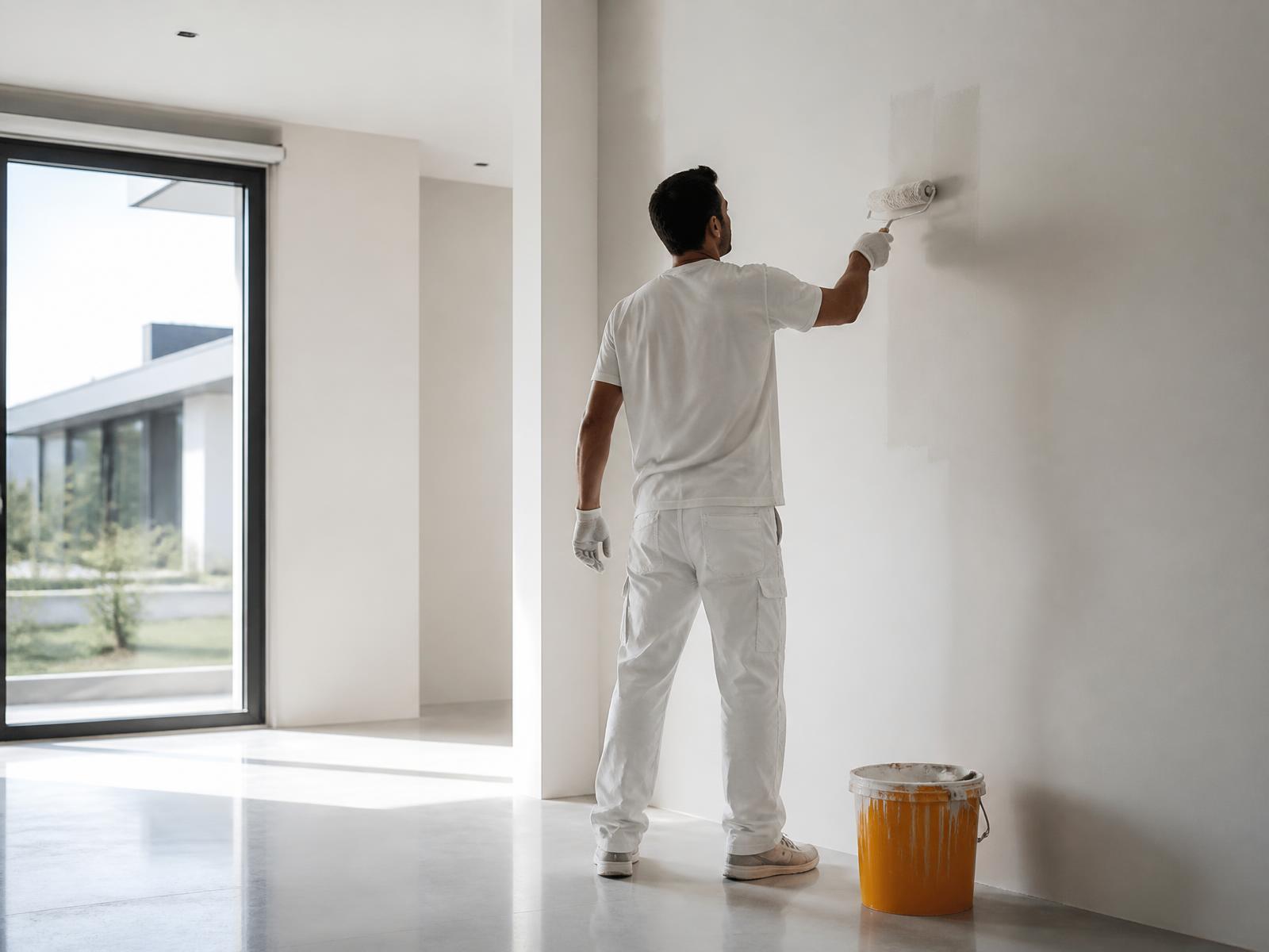 Profissional da RD pintando a parede de um apartamento recém-construído